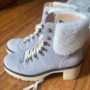Vici Gray and Cream Ankle Boots with Cozy Collar